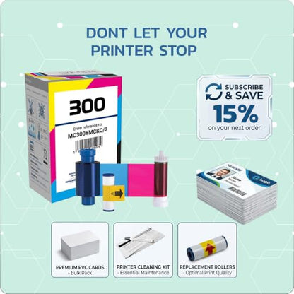 Magicard 300 Printer 2 x MC300YMCKO Color Ribbon - YMCKO - 600 Prints (Total) with Bodno Premium CR80 30 Mil Graphic Quality PVC Cards - Qty 300 - color: Ymcko, size: 2 Pack with Cards