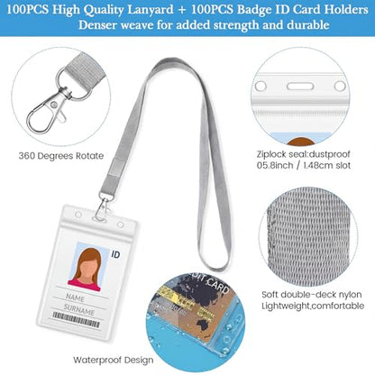 Shappy 100 Sets ID Card Holder with Lanyard Bulk, Waterproof, Grey - color: Grey