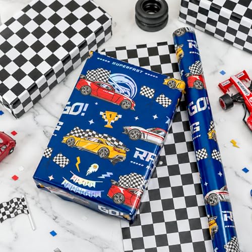 Homeral Race Car Wrapping Paper Roll - Mini Roll -17 Inch x 33 Feet, Blue Race Car with Holographic & Checkered Flag Reversible Gift Wrap for Boys Birthday, Baby Shower, Game Lovers, Party - color: Blue Race Car, size: 17in*33ft