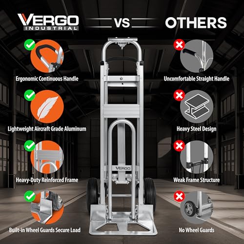 Vergo Industrial Convertible Hand Truck - AS7A2 Heavy Duty Aluminum 3 in 1 Dolly (750 lb Capacity) Lightweight Frame, Ergonomic Handle, Extendable Loop, Versatile Moving Dolly (3 Positions, 53" High) - size: 3 Positions, 53" High