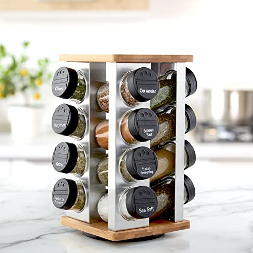 Kamenstein 16 Jar Warner Revolving Countertop Spice Rack Organizer with Lift & Pour Caps and Spices Included,FREE Spice Refills for 5 years,Stainless Steel & Bamboo with Black Caps,16-Jar (Pack of 2) - size: 16-Jar (Pack of 2), style: 16-Jar Bamboo Revolv