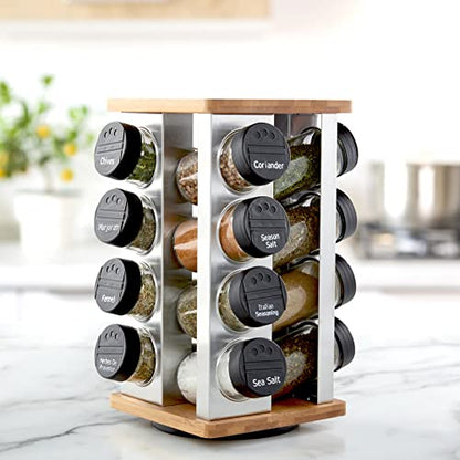 Kamenstein 16 Jar Warner Revolving Countertop Spice Rack Organizer with Lift & Pour Caps and Spices Included,FREE Spice Refills for 5 years,Stainless Steel & Bamboo with Black Caps,16-Jar (Pack of 2) - size: 16-Jar (Pack of 2), style: 16-Jar Bamboo Revolv