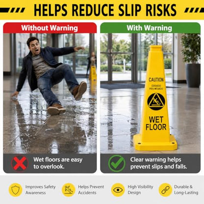 BESEA Wet Floor Sign 3 Pack, 36 Inch Heavy Duty Weighted Caution Cones - color: Yellow, size: 36INCH With Caution Sign