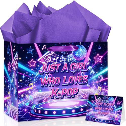 Hkshaoda Kpop Gift Bag Just A Girl Who Loves KPOP Wrapping Paper Large Disco Music Gift Bag with Tissue Paper and Card Kpop Party Decor for Teen Girls Birthday Party Supplies 11.8in