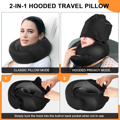 Travel Pillow - Hooded Neck Pillow Airplane Memory Foam Filling - color: Black