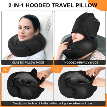 Travel Pillow - Hooded Neck Pillow Airplane Memory Foam Filling - color: Black