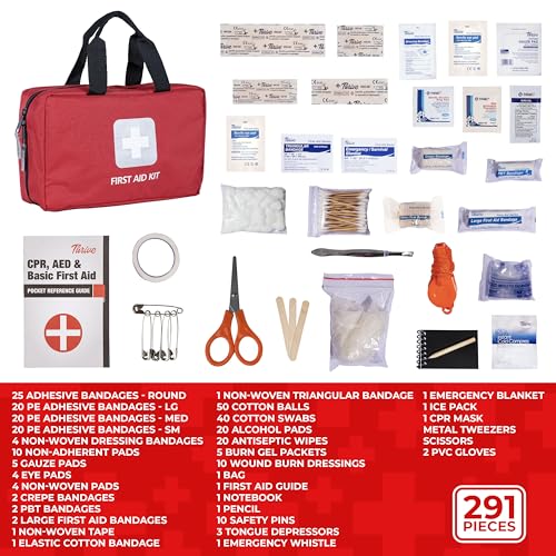 Thrive Home Essentials First Aid Kit (291 Pieces) - First Aid Bag with Multi-Sized Bandage, Gauze, Wipes, Scissors, Gloves, Tape, Ice Pack and More - style: 291 Piece - Red