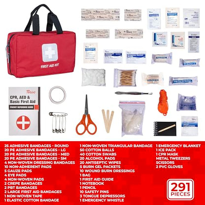 Thrive Home Essentials First Aid Kit (291 Pieces) - First Aid Bag with Multi-Sized Bandage, Gauze, Wipes, Scissors, Gloves, Tape, Ice Pack and More - style: 291 Piece - Red