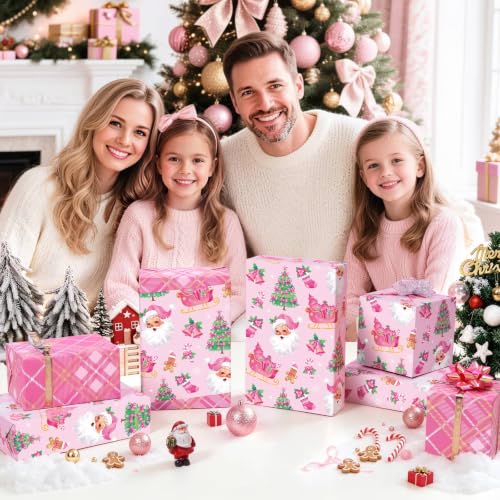 WERNNSAI Pink Christmas Wrapping Paper 17 In x 33 Ft Pink Santa Gift Wrap - color: Pink Christmas Tree