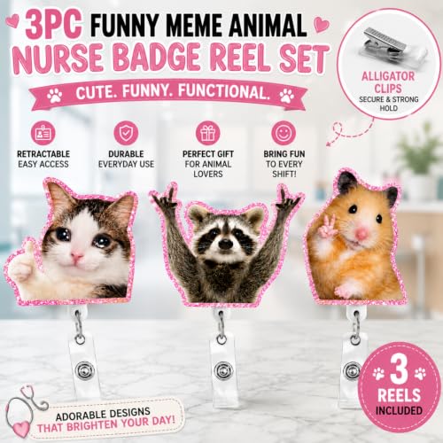 3PC Badge Reel Funny Meme Animal Cute Nurse Holders Clips - style: Meme Animals