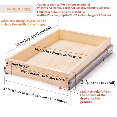 Mulush 16”W x 21”D x 3‘’H Soft Close Slide Out Wood Drawer Organizer for Kitchen, Finished, (Cabinet Opening>17.5 inches for Bottom Assembly, Opening= 17 inches for Side Assembly) - size: 16"W x 21"D