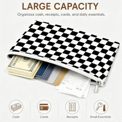 Money Bag with Zipper, Cute PU Leather Cash Bags, Portable Bank Bag Money Pouch for Cash, Coins, Checks, Receipts, Invoices Cosmetics Tools, Deposit Bag for Office Travel, Black Checker - color: Black Checker
