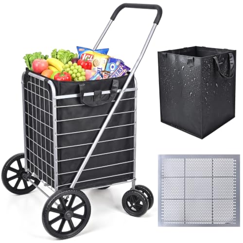 Folding Shopping Cart with Large Front Wheels, Grocery Cart with Waterproof Liner, 360° Swivel Dual Rear Wheels, Heavy Duty Collapsible Utility Wagon, Perfect for Groceries Laundry Luggage Travel - size: Large+Single Basket