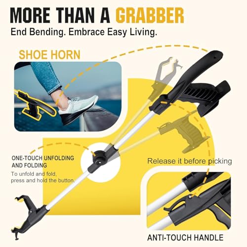 32" Grabber Reacher Tool, 2-Pack Foldable Reacher Grabber Pickup Tool with Shoe Horn Design, Trash Picker Upper Grabber with 360° Rotating Jaw & Magnet, Bend-Free Grabbers for Seniors