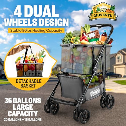 Folding Shopping Cart for Groceries, 80lbs Collapsible Stroller Cart