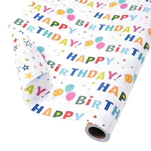 Ulmasinn Birthday Wrapping Paper Roll, Reversible Happy Birthday & Colorful Stars Design, Thick 80gsm Gift Wrap Paper, 17" x 33' Mini Roll for Kids, Teens and Adults, Birthday Gifts, Toys, Books and Party Presents - color: Birthday white