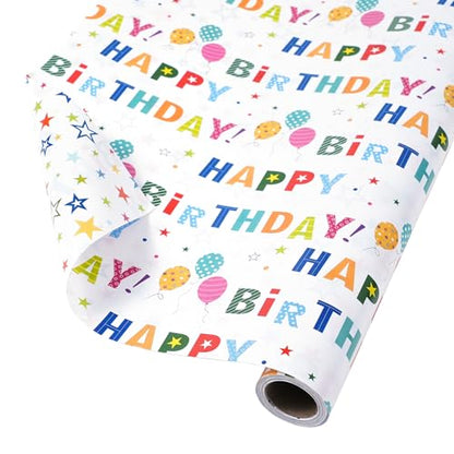 Ulmasinn Birthday Wrapping Paper Roll, Reversible Happy Birthday & Colorful Stars Design, Thick 80gsm Gift Wrap Paper, 17" x 33' Mini Roll for Kids, Teens and Adults, Birthday Gifts, Toys, Books and Party Presents - color: Birthday white