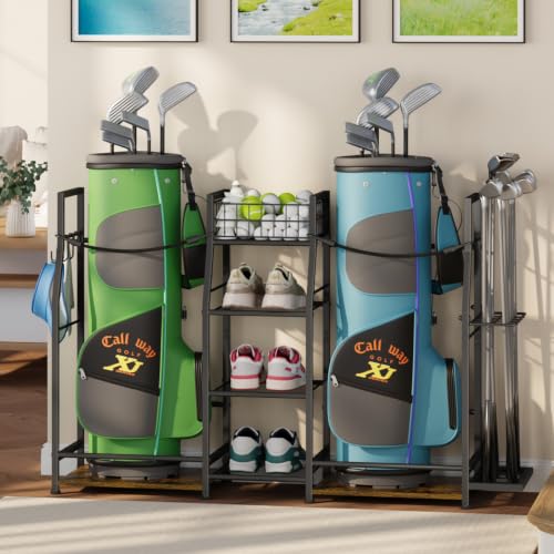 Golf Bag Storage Organizer with Club Holder, Golf Bag Stand for 2 Bags - size: 2 Bags (With Club Holder)