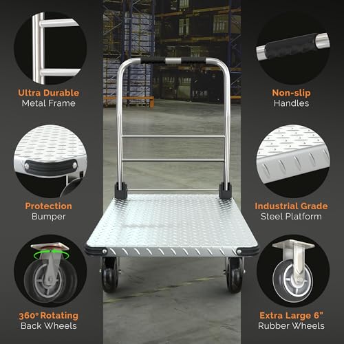 2200 lbs. Capacity Foldable Push Cart Dolly | Moving Platform Hand Truck | Heavy Duty Space Saving Collapsible | Swivel Flat Bed Wagon - Furniture Luggage Lifting - color: Silver, size: 2200 lbs. Capacity
