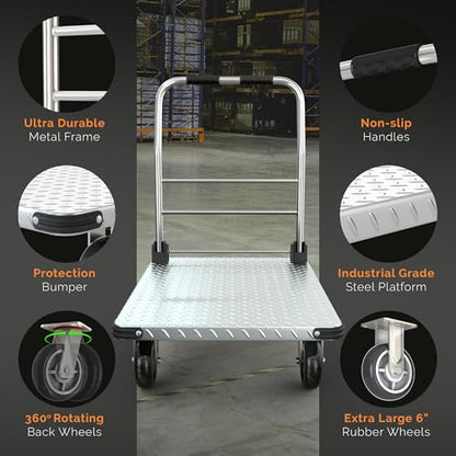 2200 lbs. Capacity Foldable Push Cart Dolly | Moving Platform Hand Truck | Heavy Duty Space Saving Collapsible | Swivel Flat Bed Wagon - Furniture Luggage Lifting - color: Silver, size: 2200 lbs. Capacity