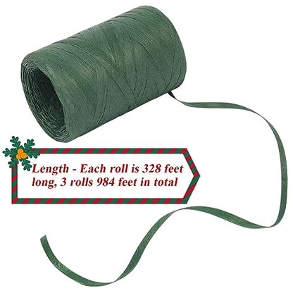 Tenn Well 3Rol 984ft Raffia Ribbon Red Green Natural for Gift Wrapping - color: Red+Green+Natural