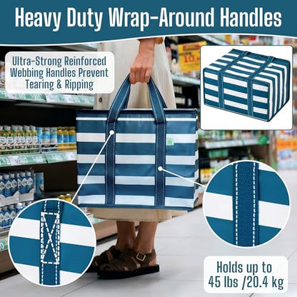 VENO 2 Pack Cooler Bag Insulated Grocery Bags for Food Delivery Heavy Duty - color: Classic Navy Stripe, size: 2 Pack