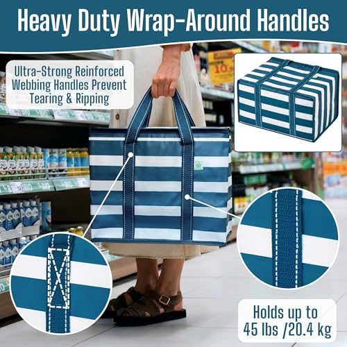 VENO 2 Pack Cooler Bag Insulated Grocery Bags for Food Delivery Heavy Duty - color: Classic Navy Stripe, size: 2 Pack