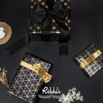 Ribbli Birthday Wrapping Paper Black and Gold Gift Wrap for Father's Day Men Husband Boyfriend Mini Roll, 3 Rolls Geometry Pattern - 17 inch x 120 inch(10feet) Per Roll - color: Black/Gold