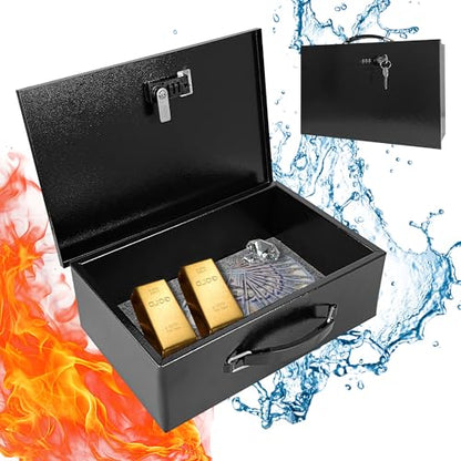 YIYITOOLS Fireproof Lock Box, Dual Combination & Key Lock Safe Box, Black