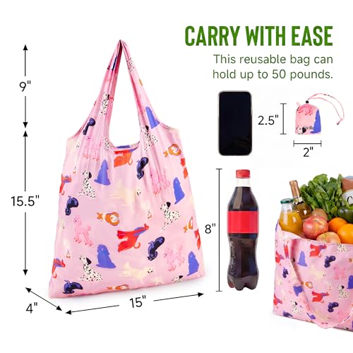 Stelle Lightweight Reusable Grocery Bag with Handles Ripstop Nylon Foldable Tote Shopping Bags for Travel and Groceries - color: Puppy Parade|pink