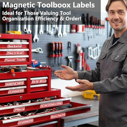 12 Pack of Magnetic Toolbox Labels,Magnetic Tool Box Organization Label Strong Magnets-Reusable Organizer Labels for Steel Toolboxes,Carts,Drawers & Cabinets (Red)