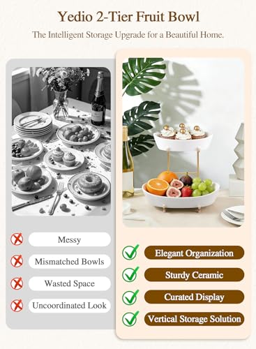 2 Tier Ceramic Fruit Bowl for Kitchen Counter with Gold Metal Stand - color: Gold, size: 2 Tier
