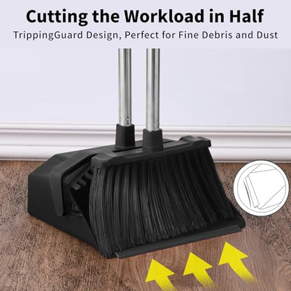 Tiumso Commercial Broom and Dustpan Set, 3-Pack Broom with Dustpan Combo Set, Industrial Brooms and Dustpans Sets 51 inch Long Handle, Large Brooms and Dust Pan for Hall Lobby Office Garage - Black - color: Total Black