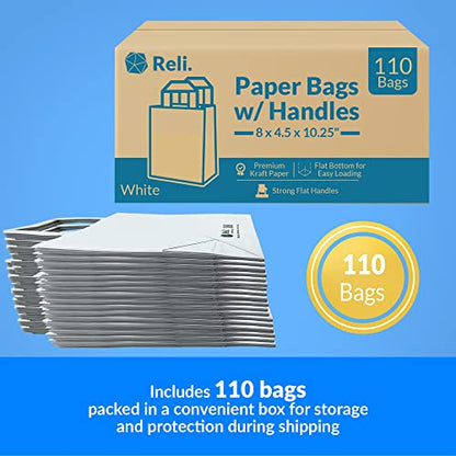 Reli. White Paper Bags | 110 Pcs Bulk | 8"x4.5"x10.25" | White Paper Bags With Handles | Kraft, Small Gifts, Shopping, Retail, Merchandise