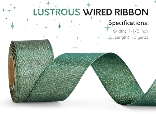 Keypan Green Satin Ribbon Wired Gold Glitter 1-1/2 Inch x 10 Yards - color: Glitter Green, size: 1-1/2"