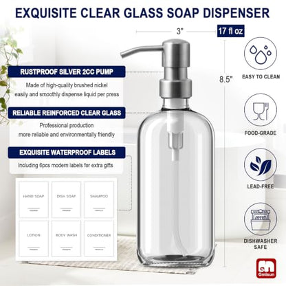 GMISUN Glass Soap Dispenser with Pump, 2 Pack Clear Bathroom Hand Soap Dispenser with Stainless Steel Pump, 17 Fl Oz Refillable Kitchen Hand and Dish Soap Dispensers Set, Modern Liquid Pump Bottles - color: Clear Bottle + Silver Pump, size: 2 Pack