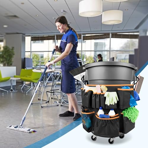 HODRANT Trash Can Caddy Bag with 13 Pockets Fit 32-55 Gallon Garbage Bin - color: Black with orange edge