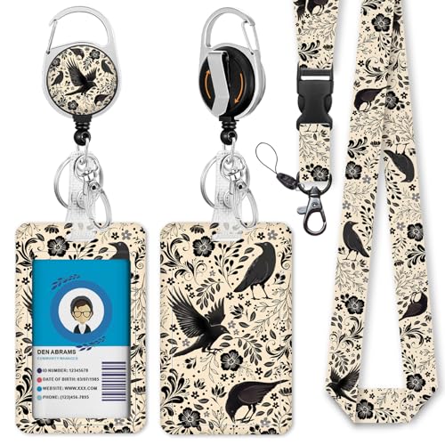 Giancomics Goth Crow Lanyards for ID Badges, Badge Holder Retractable Reel - color: Floral Crow