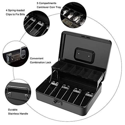 Cash Box with Money Tray and Combination Lock, Metal Money Box for Cash Register, Tiered Lock Box for Money 11.8" x 9.4" x 3.54" Black - color: Black with Combination Lock