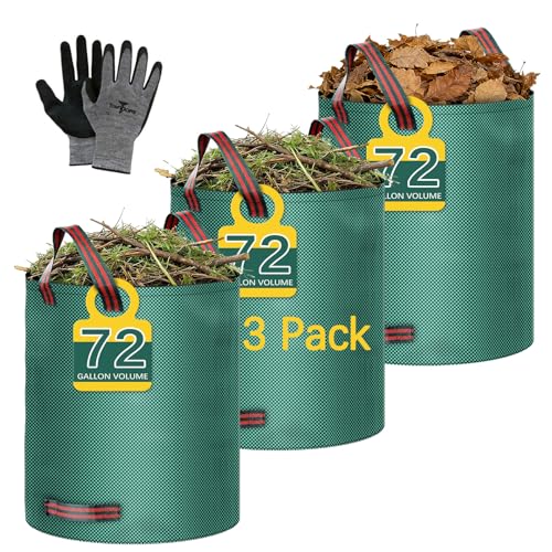 3 Pack 72 Gallon leaf collector bag lawn bags,leaf bags Heavy duty reusable,Gardening gloves included,Suitable for camping, yards, and recycling; can Cleaning debris, leaves, grass clippings