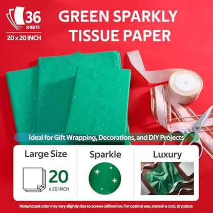 SUNCOLOR 36 Sheets Glitter Green Tissue Paper, 20 x 20 inch Sparkly Wrapping Paper for Gifts, Crafts, Christmas, Packaging, St. Patrick’s Day, DIY Art Projects - color: Green