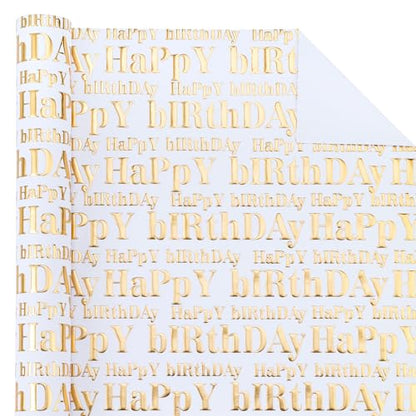 WRAPAHOLIC 3D Kraft Birthday Wrapping Paper Roll - Mini Roll - 17 Inch x 16.5 Feet - Gold and White Happy Birthday Lettering Design with Embossed Perfect for Holiday, Party Celebration - color: White & Gold Happy Birthday, size: 17 inch x 16.5 feet