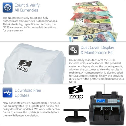 ZZap NC30 Bill Counter & Counterfeit Detector - Cash Money Currency Machine