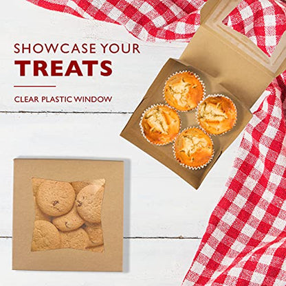 Fit Meal Prep 25 Pack Bakery Boxes with Window 6x6x3 Kraft Cake Box Cardboard Bakery Packaging for Cupcake, Cookies and Pastry, Auto-Popup Treat Box Charcuterie Box for Valentine's Day, Christmas - color: Brown