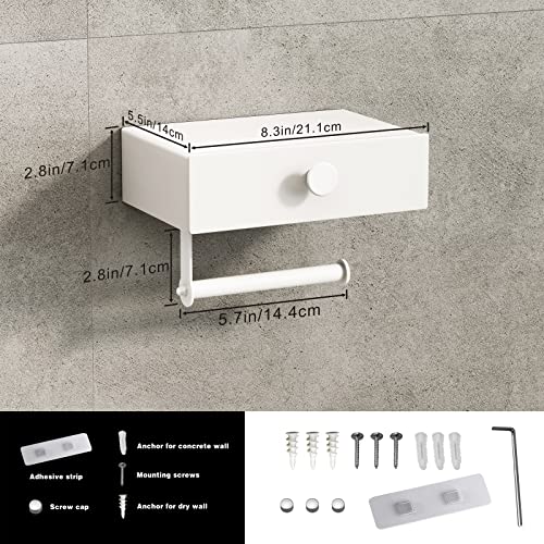 VOLDRA Toilet Paper Holder with Shelf White Wipes Dispenser for Bathroom Toilet Paper Holder with Storage Upgrade Drawer Design Toilet Tissue Holder Adhesive Small Bathroom Shelf Wall Mount - color: White