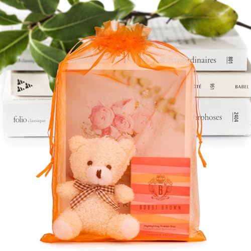 ANZNKU 50 Pcs Large Organza Bags 8x12, Small Mesh Gift Bag Drawstring Bulk - color: Orange