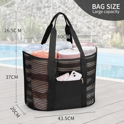 KALIDI Beach Mesh Tote Bag, Casual MAX 23L Summer Foldable Hobo Bag Women - color: Black 30l
