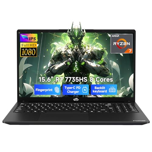 NIMO Light Gaming Laptop, AMD R7 7735HS (8C/16T, Up to 4.75GHz, Beat i7-12650H) 16GB DDR5 RAM 256GB SSD Business Computer with 15.6" FHD Display Radeon 680M GPU 180° View 2-Year Warranty 100W Type-C