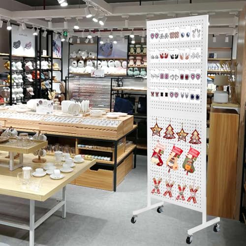 Eastern Tree Metal Pegboard Display Stand 2'x 5' with 30 Hooks, Pegboard Panels Display with Wheels, Peg Board Display Rack, Standing Pegboard Display- White - color: White