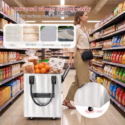 Reusable Grocery Bag on Wheel, Foldable Shopping Cart with Wheels, Can Carry up to 88 Pounds, Suitable for Groceries, Laundry, Camping and Moving. - color: Silver - Medium